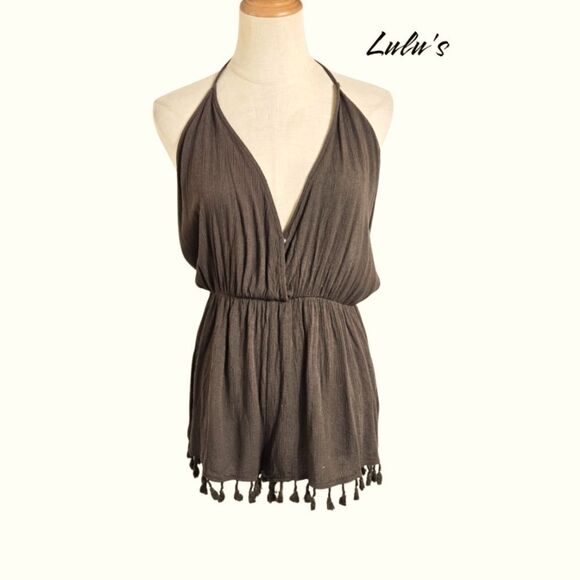Lulu's Brown Green Halter Short Shorts Romper - Picture 1 of 8